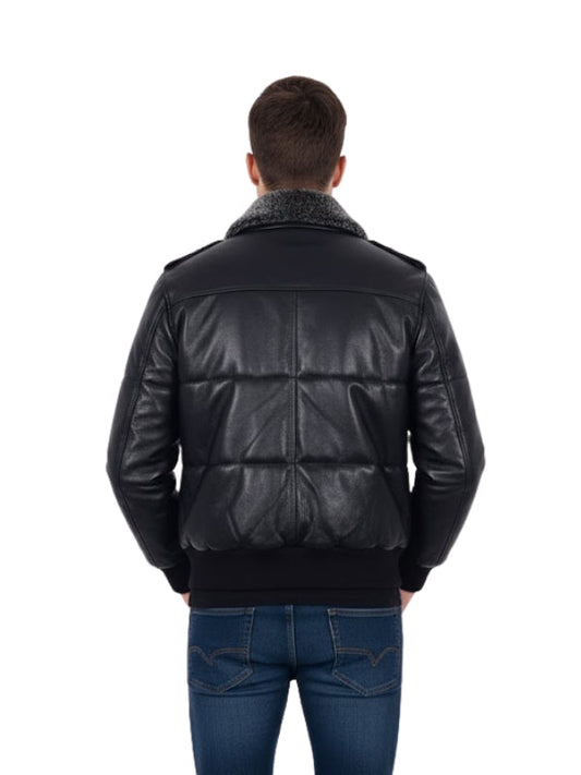 Men's Black Fur Collar Windproof Air Force Real Puffer Bomber Leather Jacket