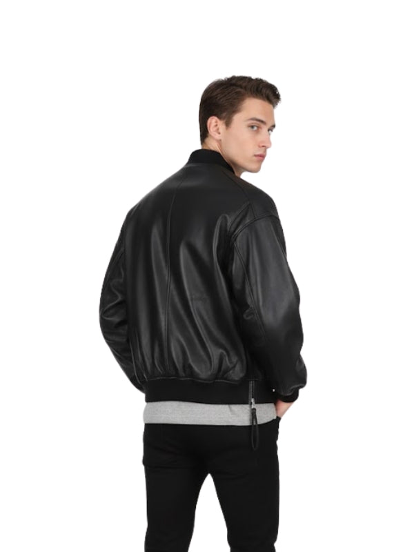 Men's Genuine Sheepskin Slim Fit Black Bomber Leather Jacket