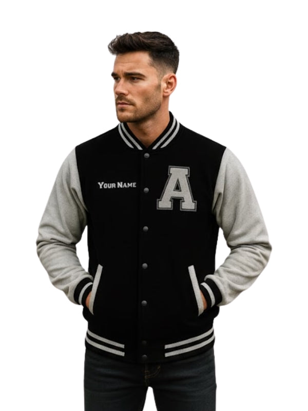 Man wearing a black and gray varsity jacket with a letter 'A' on a white background
