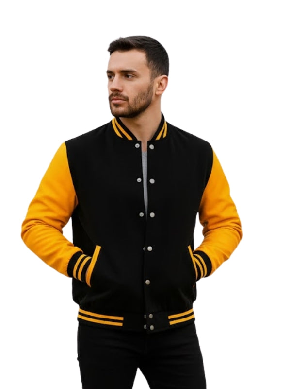 Man wearing a black and yellow varsity jacket on a white background