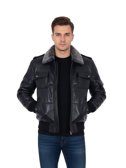 Men's Fur Windproof Air Force Puffer Black Leather Jacket
