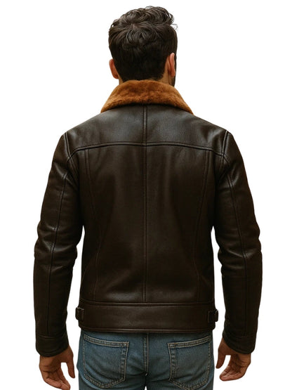 Men's Brown Aviator B3 Shearling Sheepskin Bomber Leather Jacket